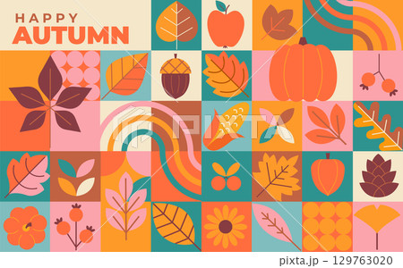 Happy autumn, horizontal geometric banner.Fall poster with different leaves, symbols of autumn-rowan berries, pumpkin,apple, sunflower,corn.Template for harvest festival or Thanksgiving day.Vector 129763020