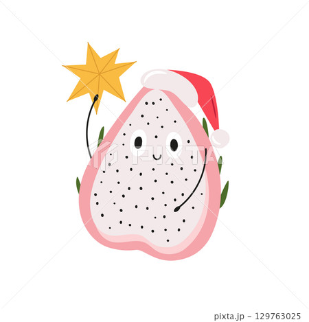 Vector illustration of funny dragon fruit character with Santa hat in cute flat cartoon style. 129763025