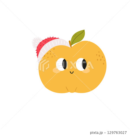 Vector illustration of funny apricot character with Santa hat in cute flat cartoon style. 129763027
