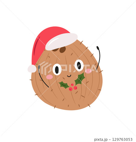Vector illustration of funny coconut character with Santa hat in cute flat cartoon style 129763053