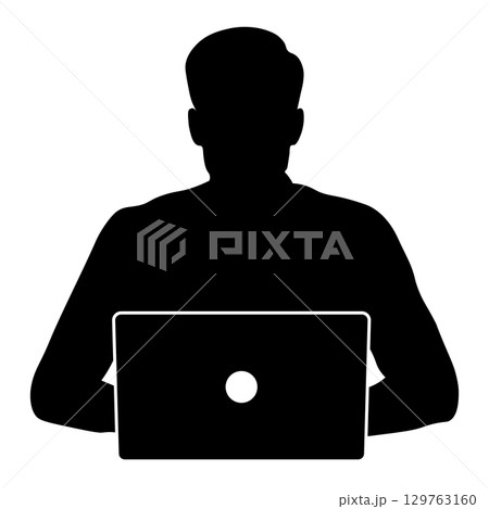 ノートパソコンで作業する男性のシルエット 129763160