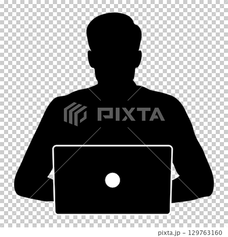 ノートパソコンで作業する男性のシルエット 129763160
