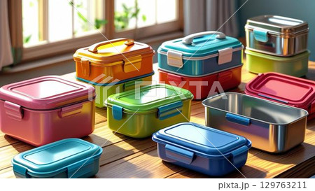 カラフルなお弁当箱 129763211