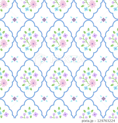 Rustic Romantic Meadow purple Flowers and scallop rhombuses Vector Seamless Pattern. Cottagecore Garden Flowers print 129763224