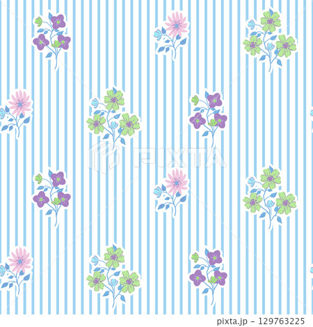 Rustic Romantic Meadow Flowers and Stripes Wallpaper Vector Seamless Pattern. Cottagecore Floral blue print Rustic Romantic Meadow Flowers and Stripes Wallpaper Vector Seamless Pattern. Cottagecore Floral blue print 129763225