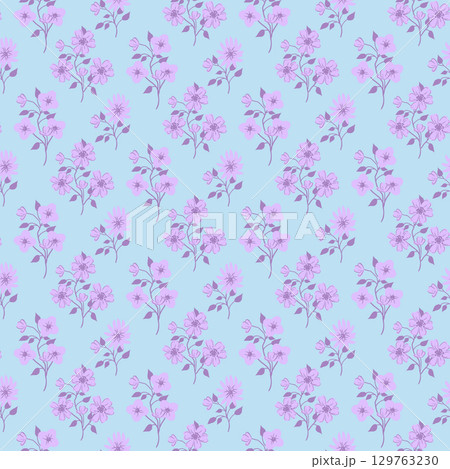 Flower pattern blue purple background with meadow flowers. Dense greenery backdrop and tiny floral bunches grandmillenial style 129763230