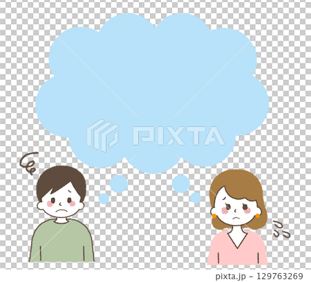 吹き出しと悩む男女のベクターイラスト素材。若者のネガティブな表情。 吹き出しと悩む男女のベクターイラスト素材。若者のネガティブな表情。 129763269