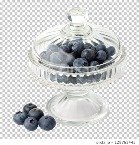 Fresh blueberries in vintage glass jar with lid, healthy snack isolated on transparent background 129763443