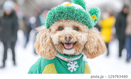 Adorable Poodle in Festive Green Holiday Hat Smiling Outdoors in Winter Scene. Adorable Poodle in Festive Green Holiday Hat Smiling Outdoors in Winter Scene. 129763480