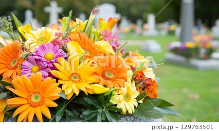 Colorful Floral Arrangement on Stone Grave Marker in Cemetery. 129763501