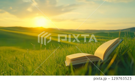 Open Book Lies on Grass in Field at Sunset, reading, learning concept. 129763523