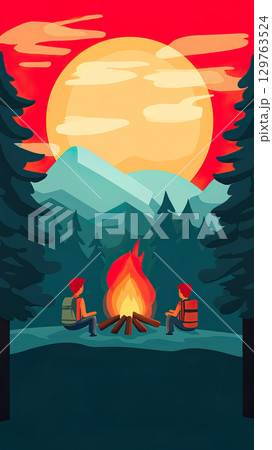 Campfire Gathering in Forest at Dusk with Backpackers and Mountain Scenery. 129763524