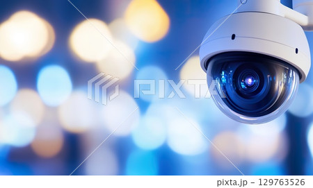 Surveillance Camera Closeup with Bokeh Lights, Security System for Public Safety. 129763526