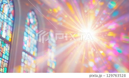 Blurred Stained Glass Windows with Sunlight Streaming Through. Blurred Stained Glass Windows with Sunlight Streaming Through. 129763528