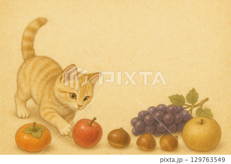 秋の果物と茶トラ猫 横 秋の果物と茶トラ猫 横 129763549