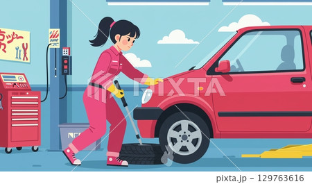 頼れる女性スタッフ！愛車の点検 129763616