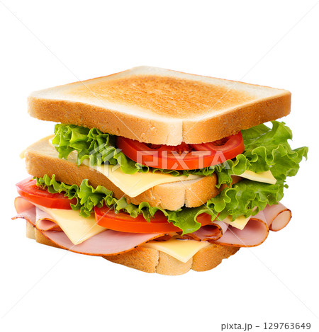 Club sandwich with layers of fresh ingredients, gourmet lunch isolated on transparent background 129763649
