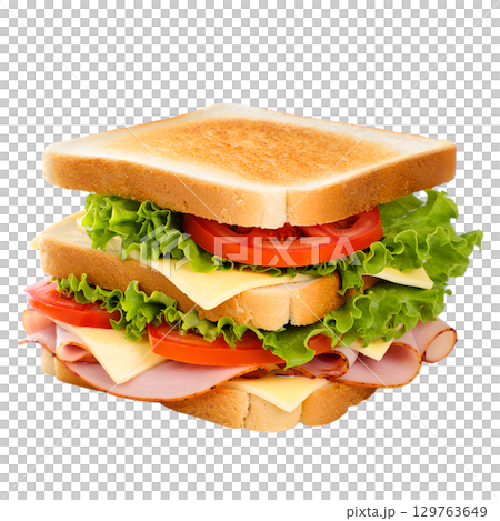 Club sandwich with layers of fresh ingredients, gourmet lunch isolated on transparent background 129763649
