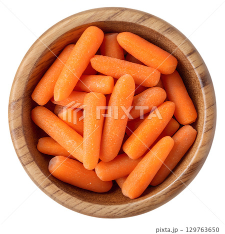 Bowl of fresh baby carrots, ready-to-eat snack isolated on transparent background 129763650