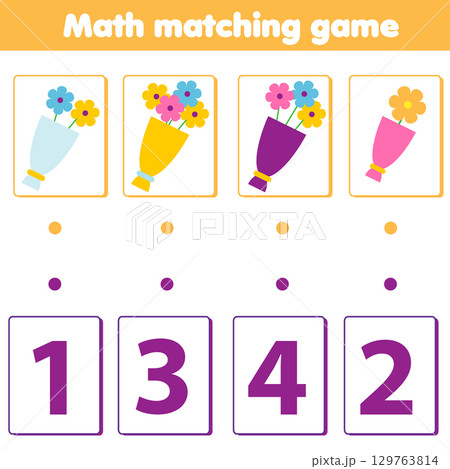 Mathematics educational game for children. Match objects with numbers. Counting game for pre school kids and toddlers 129763814