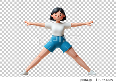 Playful 3d female character doing morning stretches, exaggerated limbs and happy expression Playful 3d female character doing morning stretches, exaggerated limbs and happy expression 129763889