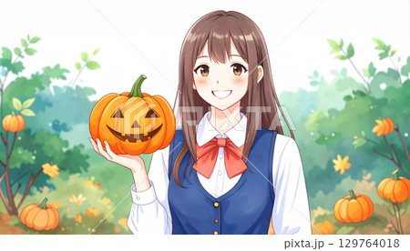 ハロウィンのジャック・オー・ランタンを持った若い女性 アニメ風 ハロウィンのジャック・オー・ランタンを持った若い女性 アニメ風 129764018