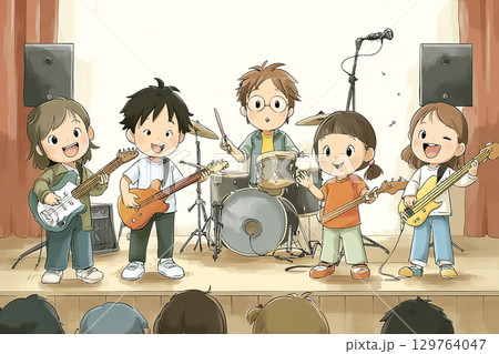 子どもたちが音楽会で楽器を演奏している 129764047