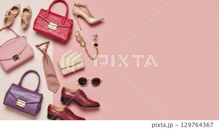 ファッションのシューズ・バッグやアクセサリーとカラフルな背景画像 129764367