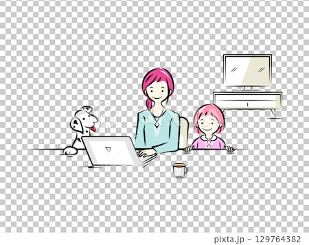 在宅勤務で仕事と子育てを両立するお母さん(ビジネスウーマン)｜ビジネスイラストシリーズ 129764382