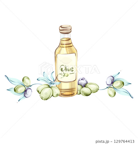 Watercolor illustration of olives and olive oil celebrating Italian cuisine and nature frame, border, arrangement Watercolor illustration of olives and olive oil celebrating Italian cuisine and nature frame, border, arrangement 129764413