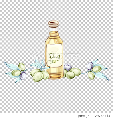 Watercolor illustration of olives and olive oil celebrating Italian cuisine and nature frame, border, arrangement 129764413
