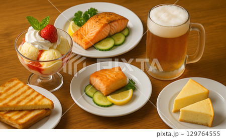 グルメな食事とデザートの盛り合わせ 129764555