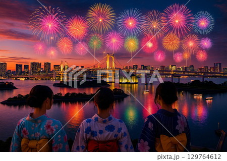 東京湾　花火大会　お台場海浜公園とレインボーブリッジ　東京タワー 129764612