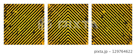 Warning sign with yellow and black diagonal lines. Attention, danger or caution symbol. Construction site signage, road safety notice, hazard banner, security alert shield. Vector illustration Warning sign with yellow and black diagonal lines. Attention, danger or caution symbol. Construction site signage, road safety notice, hazard banner, security alert shield. Vector illustration 129764622