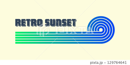Vintage colorful sunset. Various gradient striped sunrise badges in 80s and 90s style. Sun and ocean view, summer vibes, surfing. Design element for print, logo or t-shirt. Vector illustration 129764641
