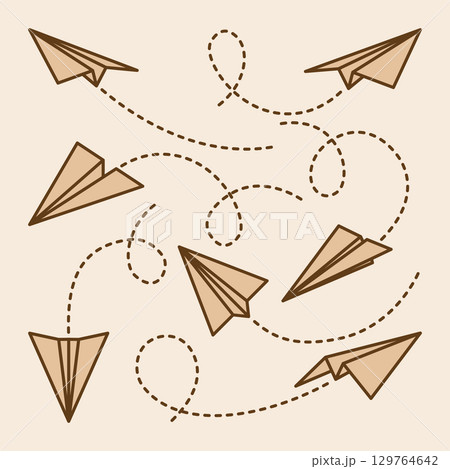 Realistic handmade paper planes collection on transparent background. Origami aircraft in flat style. Vector illustration. 129764642