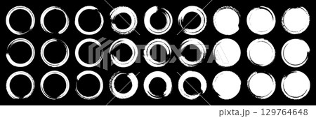 Grunge circles, brush strokes, lines, ink smudges, hand-drawn scribble shapes. Handmade sketchy marks, acrylic stains, charcoal streaks. Paint textures, dry brush effect. Vector illustration 129764648