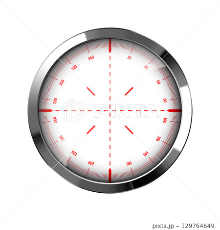 Chrome weapon sight, sniper rifle optical scope. Hunting gun viewfinder with crosshair. Aim, shooting mark symbol. Military target sign, silhouette. Game interface UI element. Vector illustration 129764649