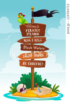 Wooden pirate signboard with parrot and treasures map, corsairs signage. Cartoon vector island signpost with warning messages. Playful and adventurous pointer children games, parties or storytelling 129764723