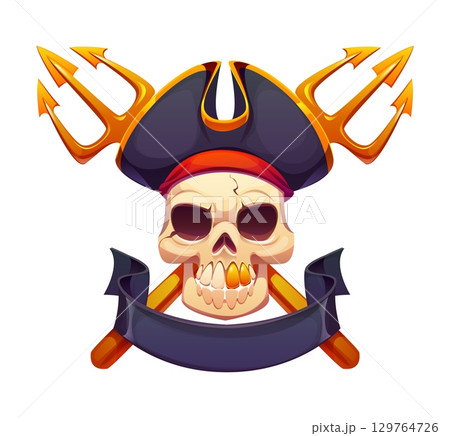 Cartoon pirate skull with a gold toothed grin, tricorn hat, red bandana crossed golden tridents behind and blank ribbon banner. Cartoon vector Caribbean corsairs game icon and heraldry emblem 129764726