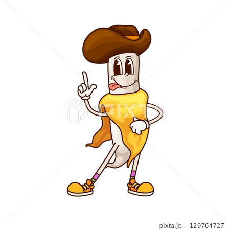 Cartoon groovy daikon radish vegetable cowboy character. Agriculture natural product, healthy food veggie Texas sheriff retro vector cheerful character. Daikon Western bandit Y2K groovy personage 129764727