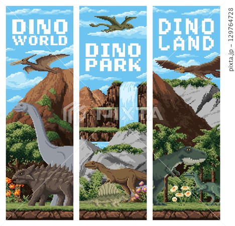 8 bit pixel art prehistoric dinosaurs vertical banners. Retro arcade game pixel extinct reptile vector banner. Pixelated poster with dinosaurs, prehistoric jungle forest and river waterfall, mountains 129764728