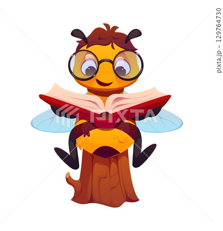 Cartoon honey bee character reading book while sitting on a tree trunk with cheerful expression. Cute insect student wearing glasses, joyful personage exudes curiosity, knowledge, springtime learning 129764730