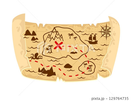 Old pirate treasure map. Cartoon vector vintage worn parchment with ship, island and land, wind rose, x mark and cardinal points. Fantasy world torn paper scroll with travel locations and sea monster 129764735