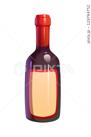 Cartoon wine bottle happy Thanksgiving holiday and harvest symbol. Isolated vector glass flask with red cap and label, symbolizing celebration and feasting, gatherings, festive meals and toasts Cartoon wine bottle happy Thanksgiving holiday and harvest symbol. Isolated vector glass flask with red cap and label, symbolizing celebration and feasting, gatherings, festive meals and toasts 129764752