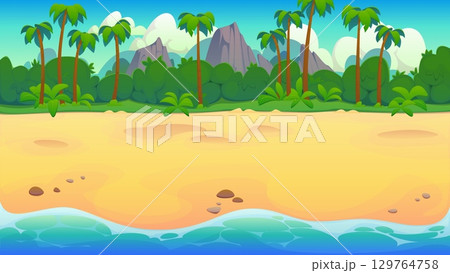 Cartoon tropical island beach landscape background featuring golden sand, palm trees, blue ocean and distant mountains under the sunny cloudy sky. Vector summer travel vacation exotic coastal paradise Cartoon tropical island beach landscape background featuring golden sand, palm trees, blue ocean and distant mountains under the sunny cloudy sky. Vector summer travel vacation exotic coastal paradise 129764758