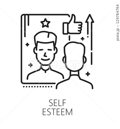 Self esteem life skills line icon or sign. Personal life skills lineart vector icon, people potential linear symbol. Personality self esteem sign or pictogram with man character looking in mirror 129764764