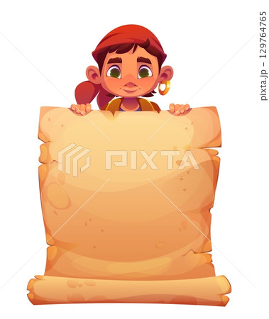 Kid boy pirate in bandana with medieval scroll parchment. Cartoon vector child with red scarf and gold earring peeking over blank ancient scroll for messages, treasure hunt invitations, announcements 129764765