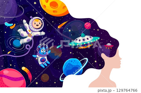 Woman with color galaxy space hair. Girl head vector silhouette with long wavy hair of cartoon galaxy planets, astronaut and alien characters, UFO spaceships and stars space landscape double exposure Woman with color galaxy space hair. Girl head vector silhouette with long wavy hair of cartoon galaxy planets, astronaut and alien characters, UFO spaceships and stars space landscape double exposure 129764766