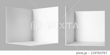 3d white corner walls and floor of empty room, booth stand and cube box vector mockup. Realistic interior design corner room walls, studio, showroom or exhibition display stand front and side view 129764767